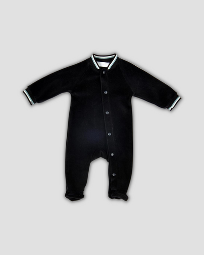 navy velour baby footie Expressions Boutique NY, soft baby sleepwear velour, unisex baby onesie luxury fabric, cozy winter newborn outfit, boutique baby footed romper navy