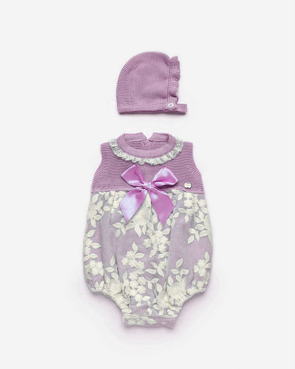 Rose Knit Onesie with Bow Front & Hat