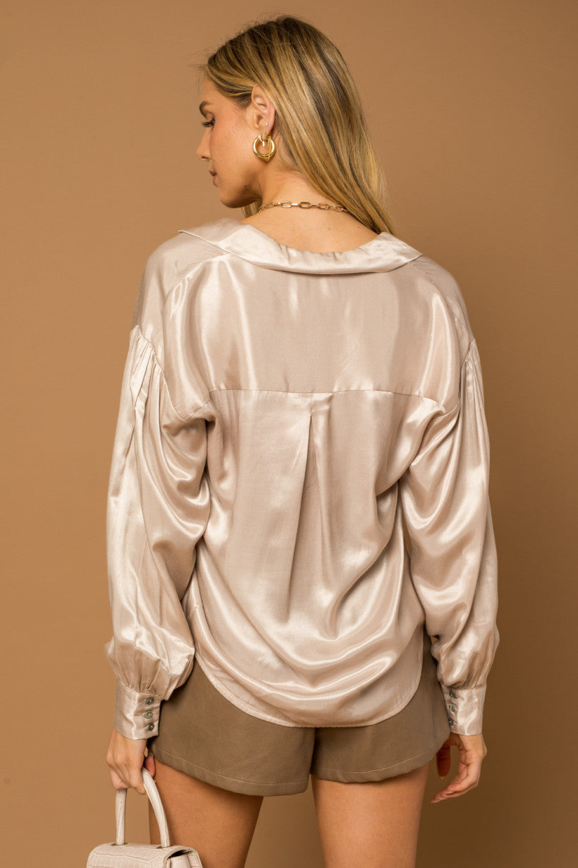 Champagne Oversized Flowy Button Down Shiny Shirt