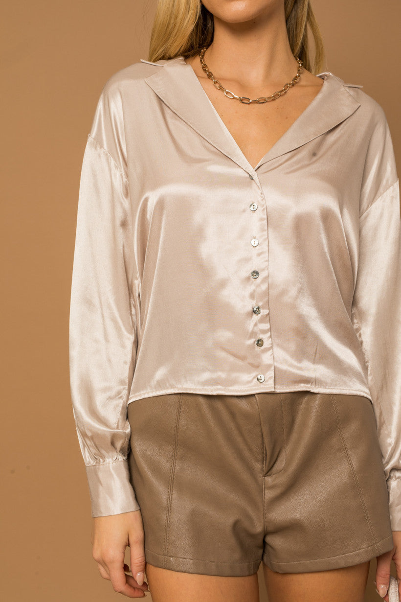 Champagne Oversized Flowy Button Down Shiny Shirt