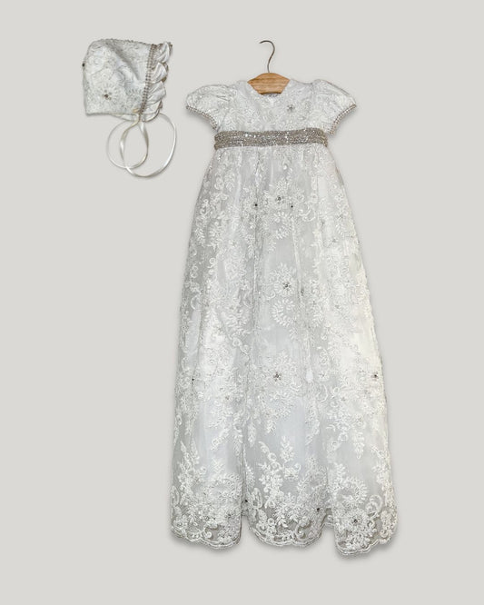 exclusive christening gown Expressions Boutique NY, rhinestone and pearl baptism dress, all lace baptism gown Woodbury NY, baby girl christening outfit Long Island boutique, heirloom christening gown, boutique baptism wear