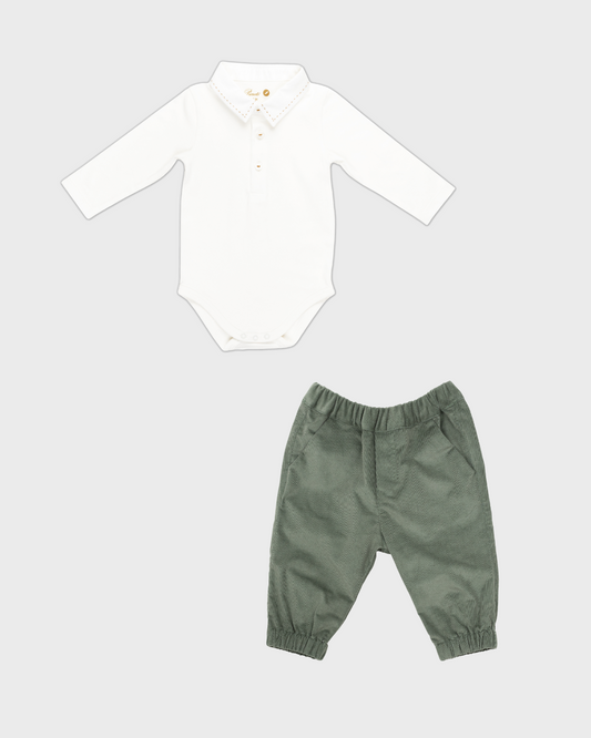 2pc Tan Stitching Onesie w Green Pant