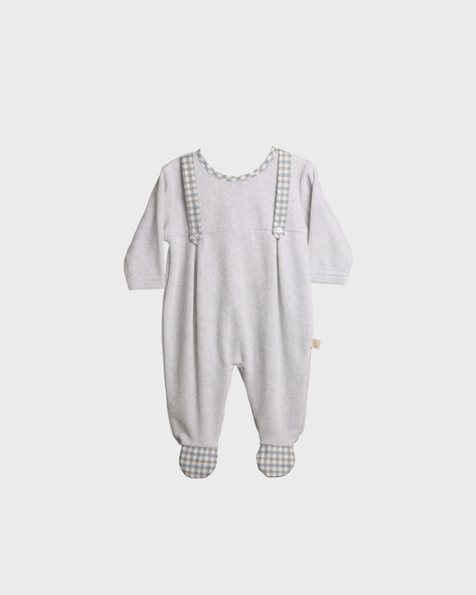 Grey Footie w Faux Plaid Overall