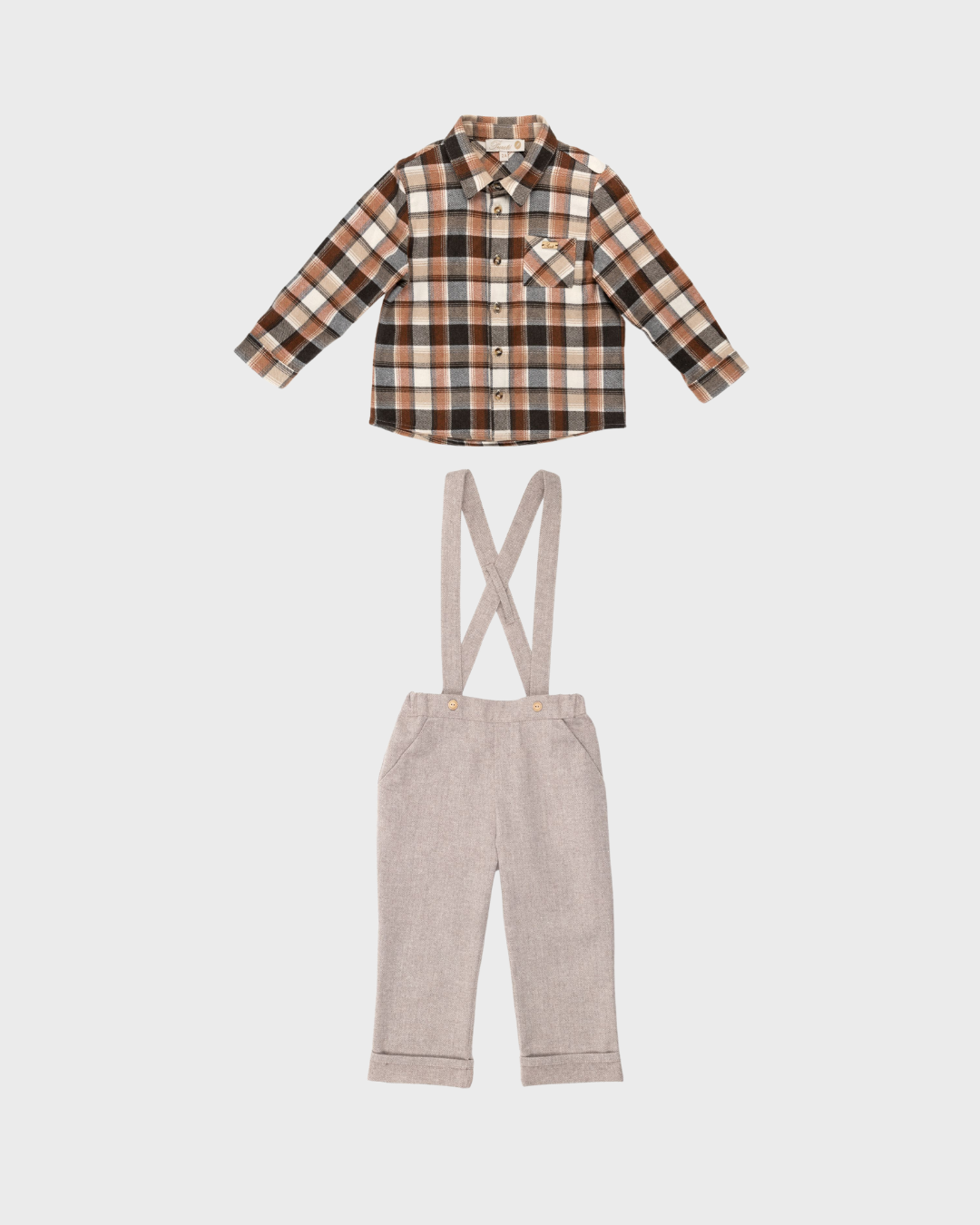 Taupe Overall w Plaid Button Up