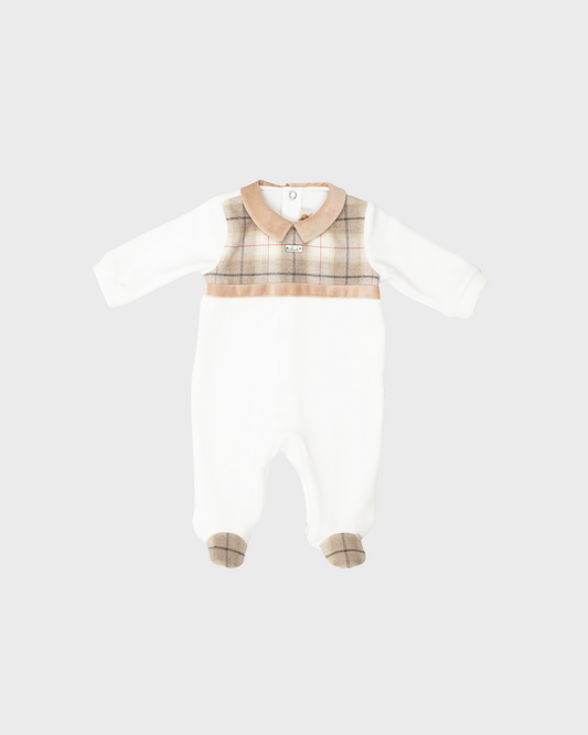 Ivory Velour Footy w Tan Plaid Print