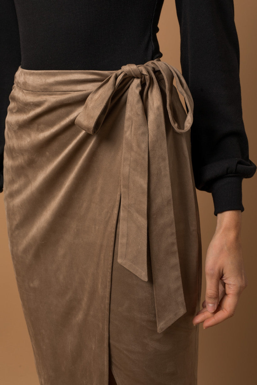 Tan Suede Wrap Midi Skirt